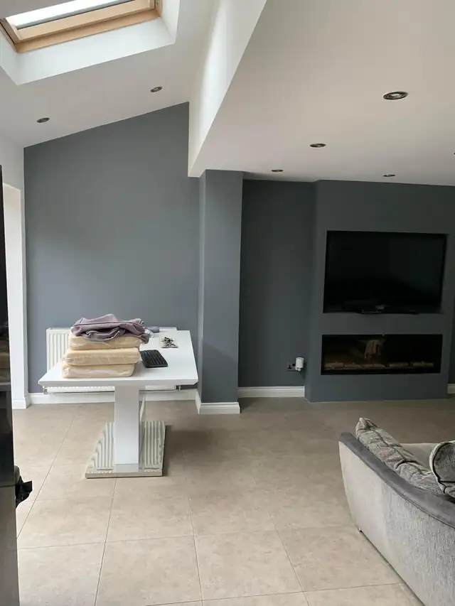 Open plan room with grey painted walls, skylight and media wall